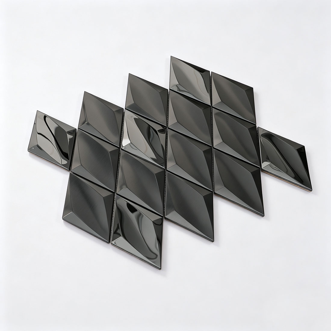 Black diamond metal mosaic tile pattern with mixed brushed and glossy chips