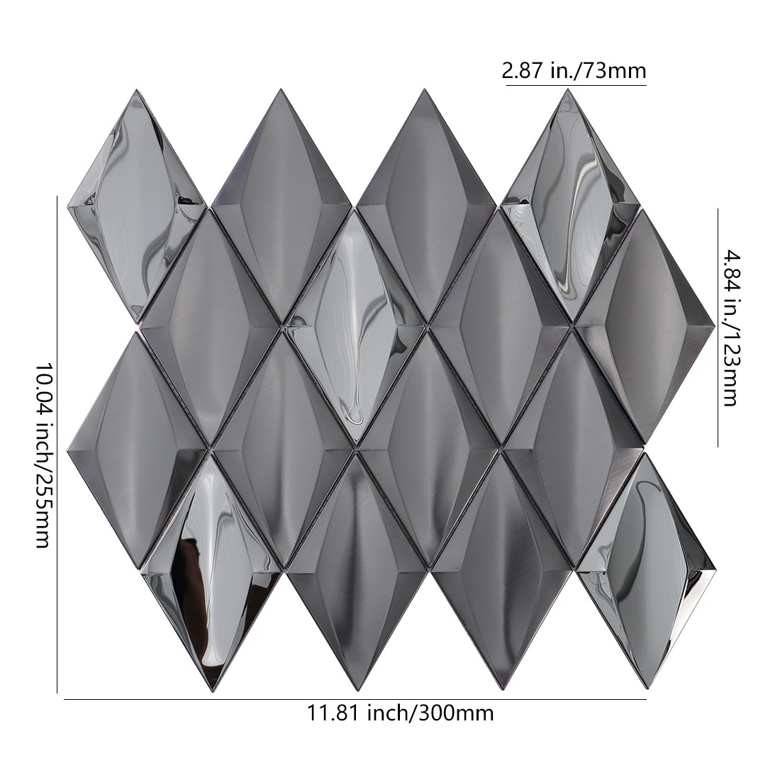 Black diamond metal mosaic tile sheet with brushed and glossy finishes