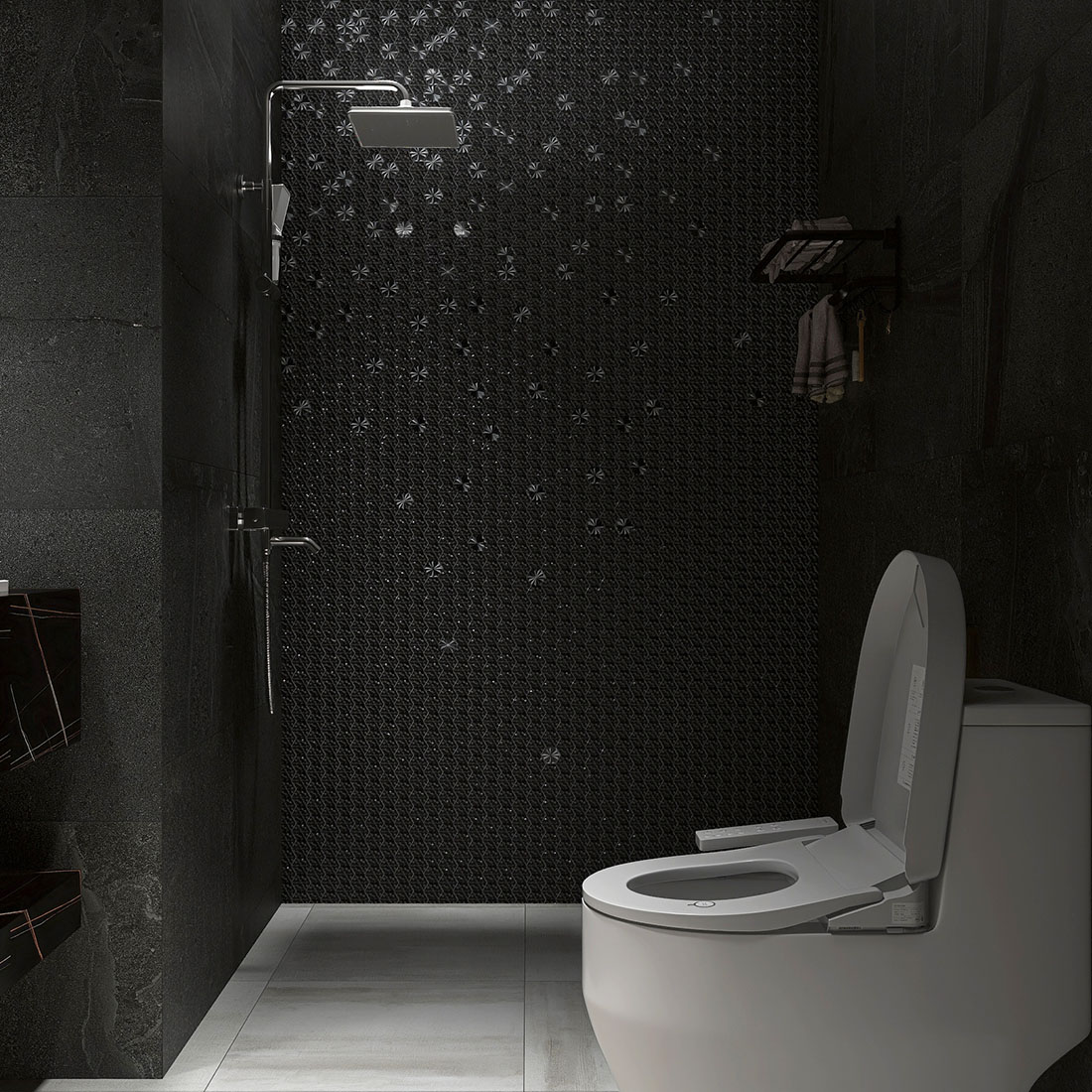 Black geometric metal mosaic tile feature wall in a contemporary shower room