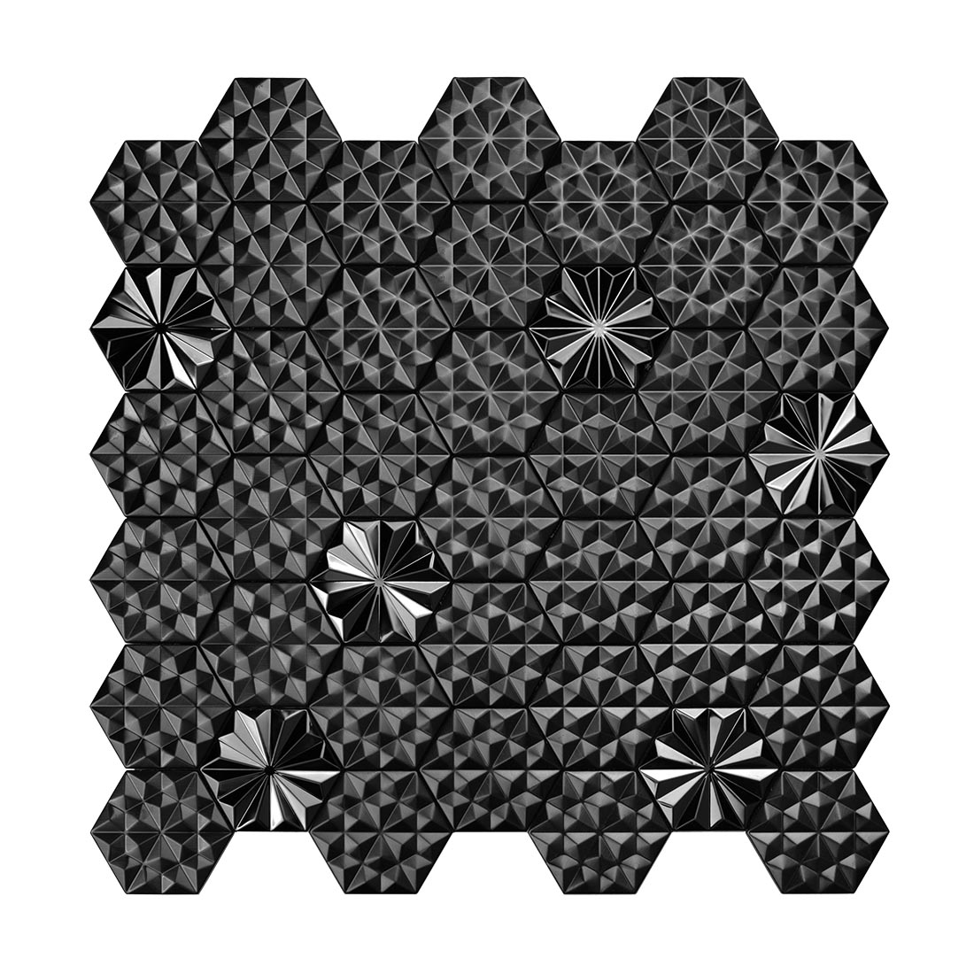 Full sheet of black geometric metal mosaic tiles with mixed patterns