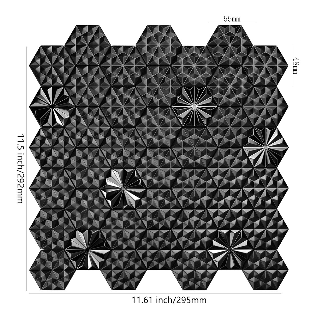 Black geometric metal mosaic tile sheet with hexagonal textured chips