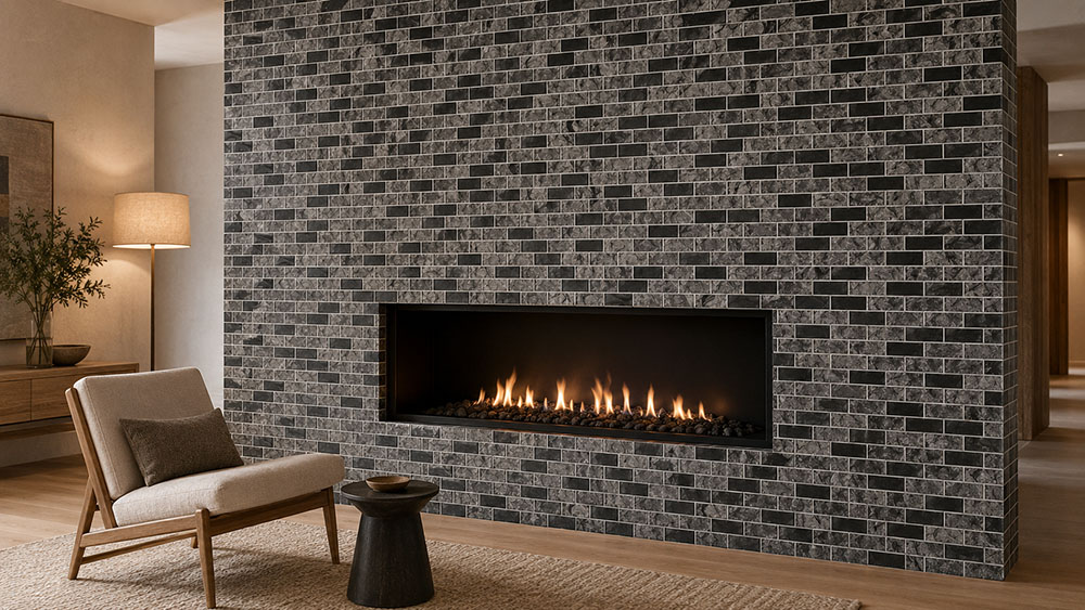 Black and gray subway tile fireplace in a warm modern living room