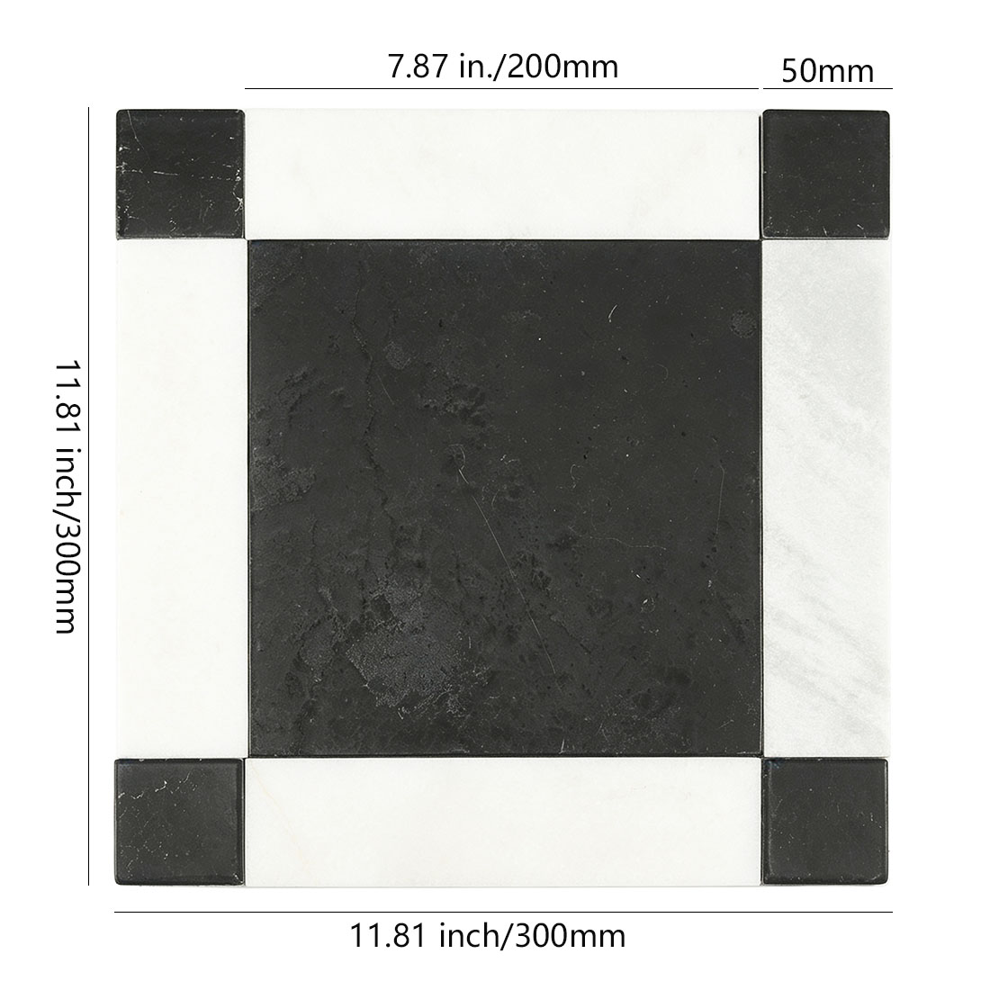 300mm black marble floor tile with white border and black corner accents dimensions
