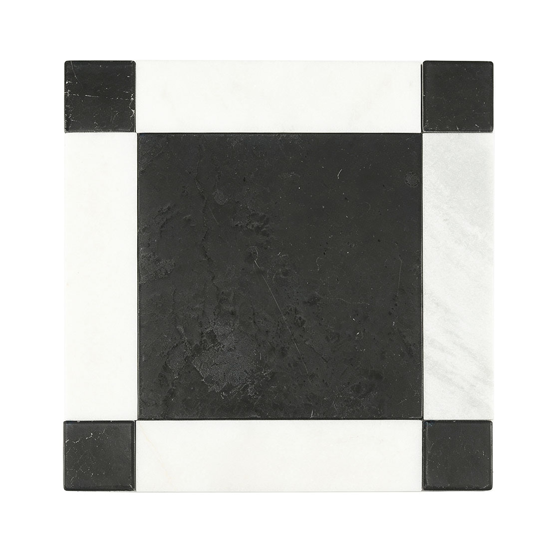 Black marble floor tile with a white marble border and black corner accents