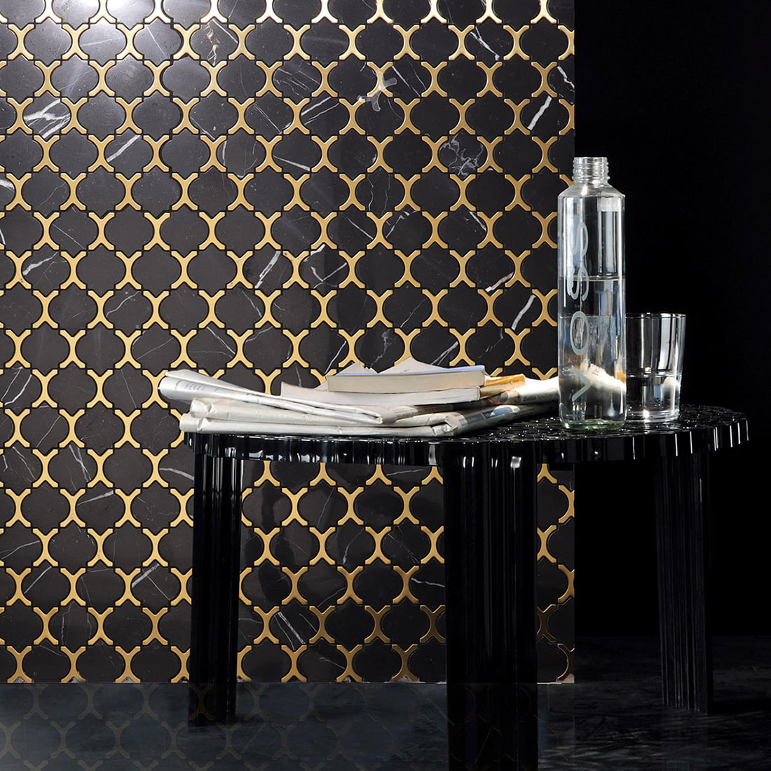 Black marble and gold metal accent wall tile for modern interior design