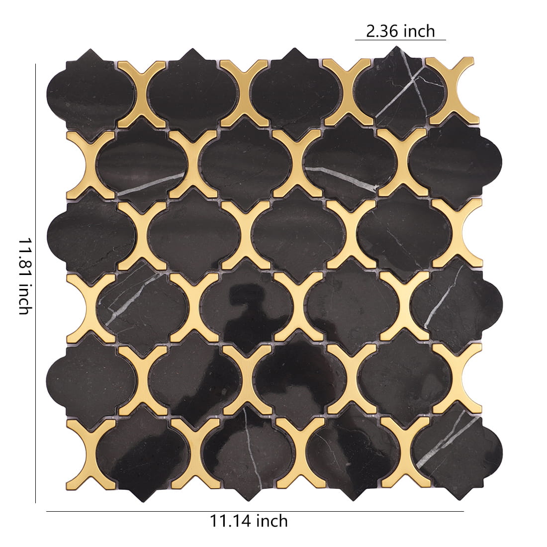 Black marble and gold metal mosaic tile sheet with decorative pattern