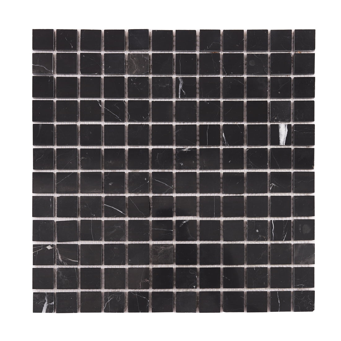 Full view of black marble mosaic tile with square pieces and white veins