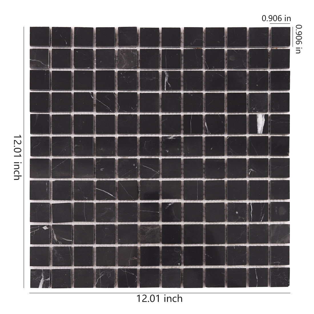 Black marble mosaic tile sheet with square tiles and white veins