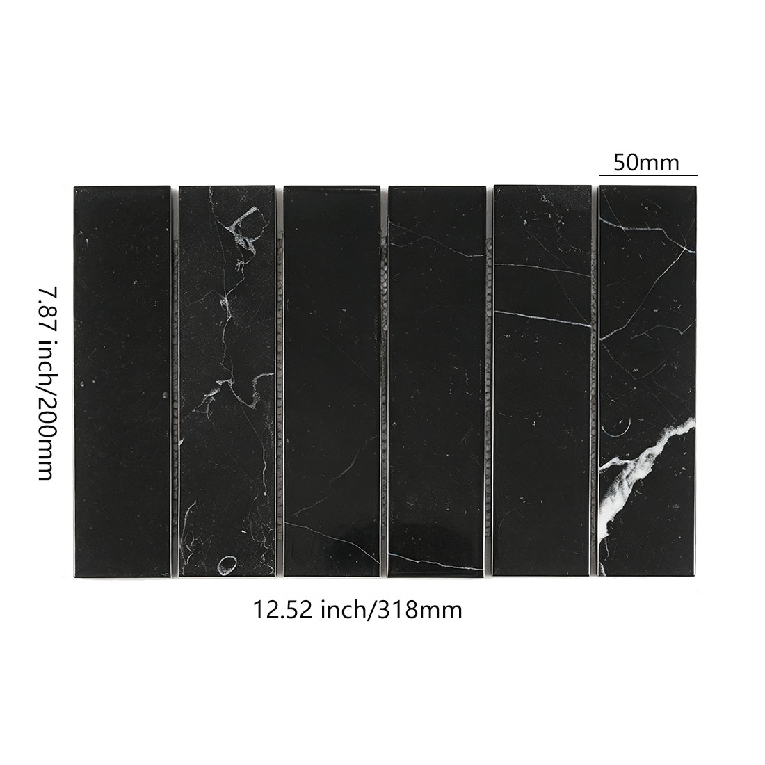 Black marble wide bar mosaic tile with 50mm strips and 318mm sheet dimensions