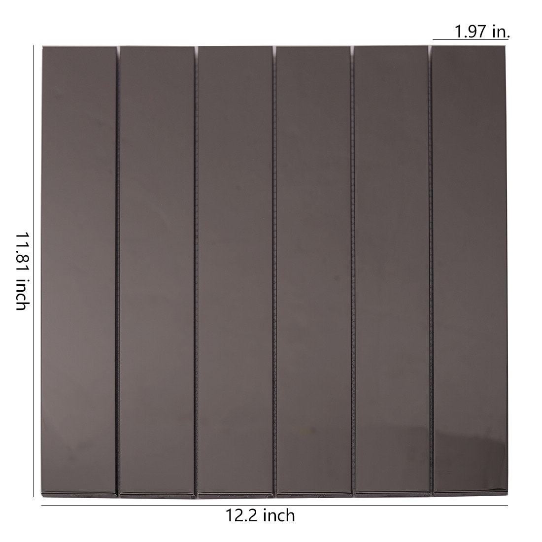 Black mirror finish linear mosaic tile sheet with dimension markings in inches.