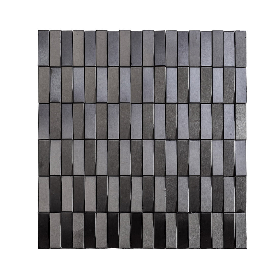 Front view of black rectangular stainless steel mosaic tile with mixed finishes.