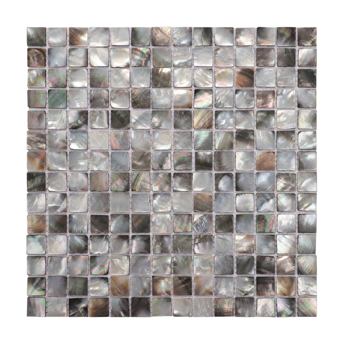 Full sheet view of black mother of pearl square mosaic tile on white background
