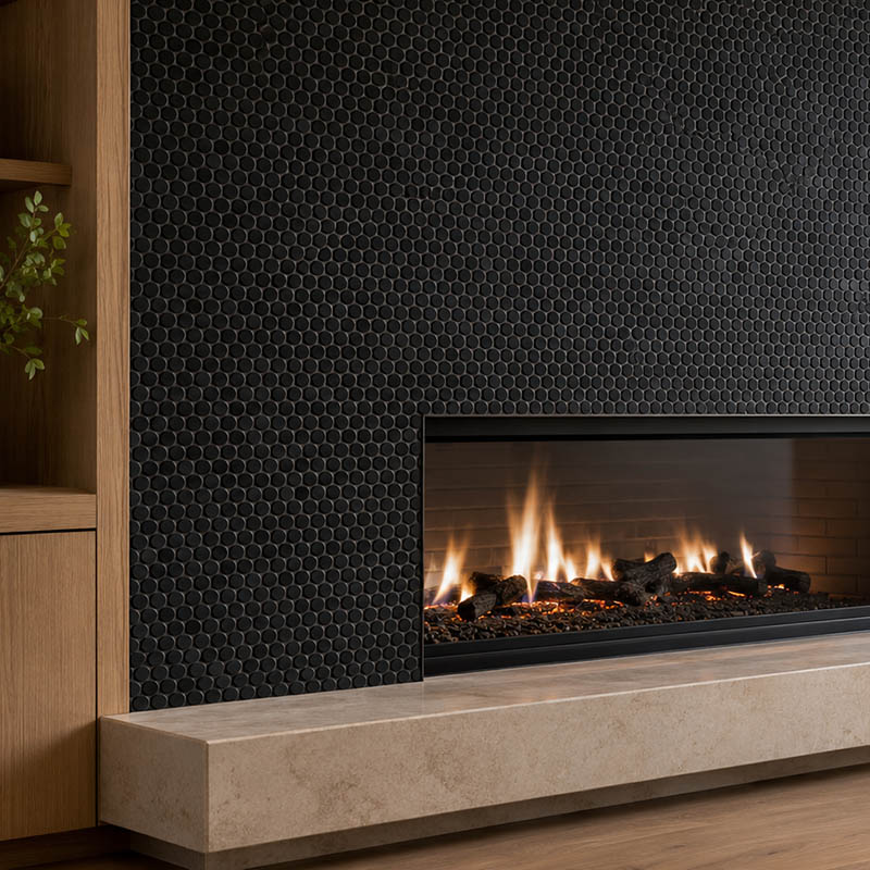 Close-up of a black penny tile fireplace surround with a beige stone hearth