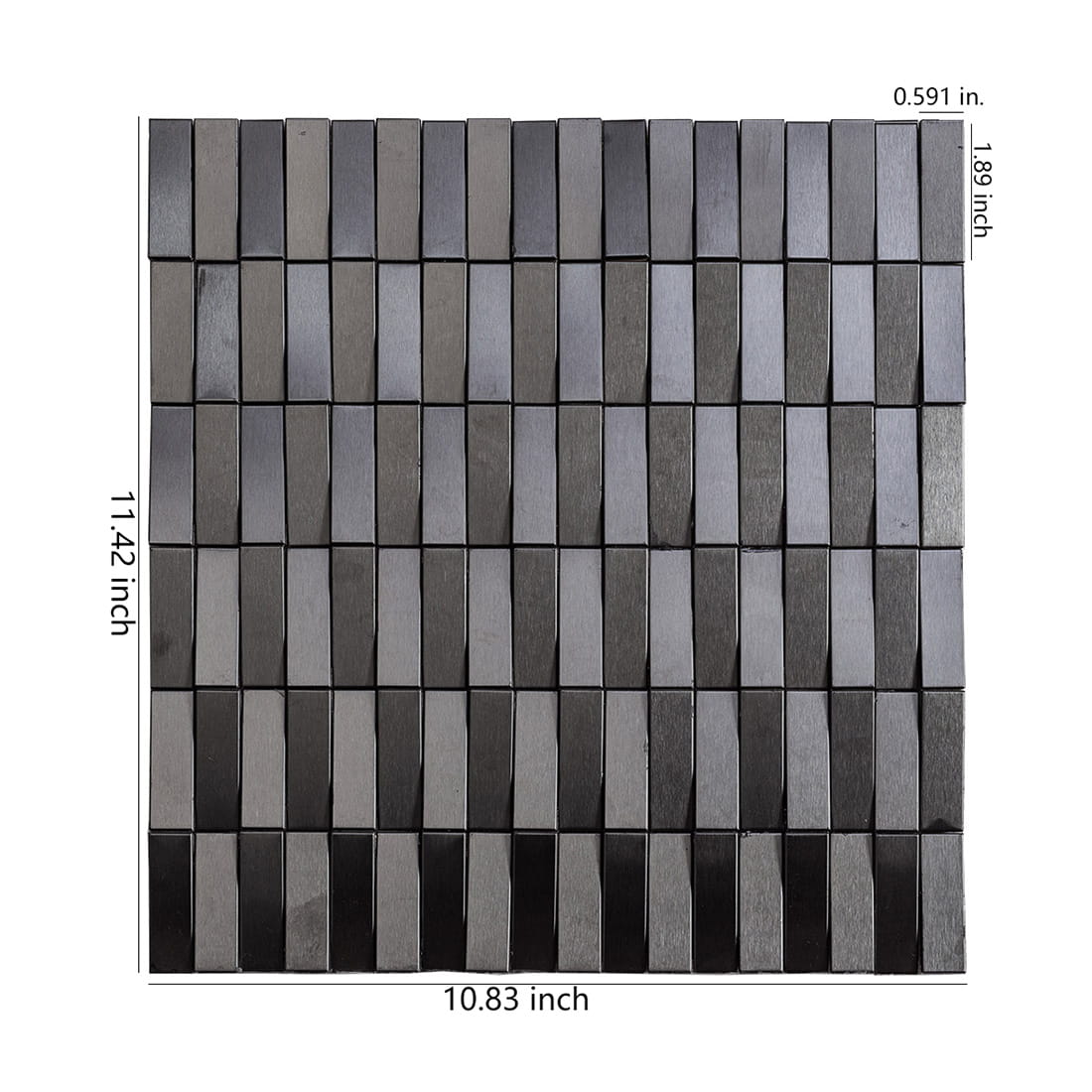 Black stainless steel mosaic sheet with 11.42 by 10.83 inch dimensions.