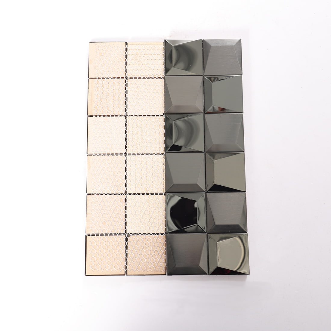 Back view of black brushed 3D pyramid stainless steel mosaic tile with mesh