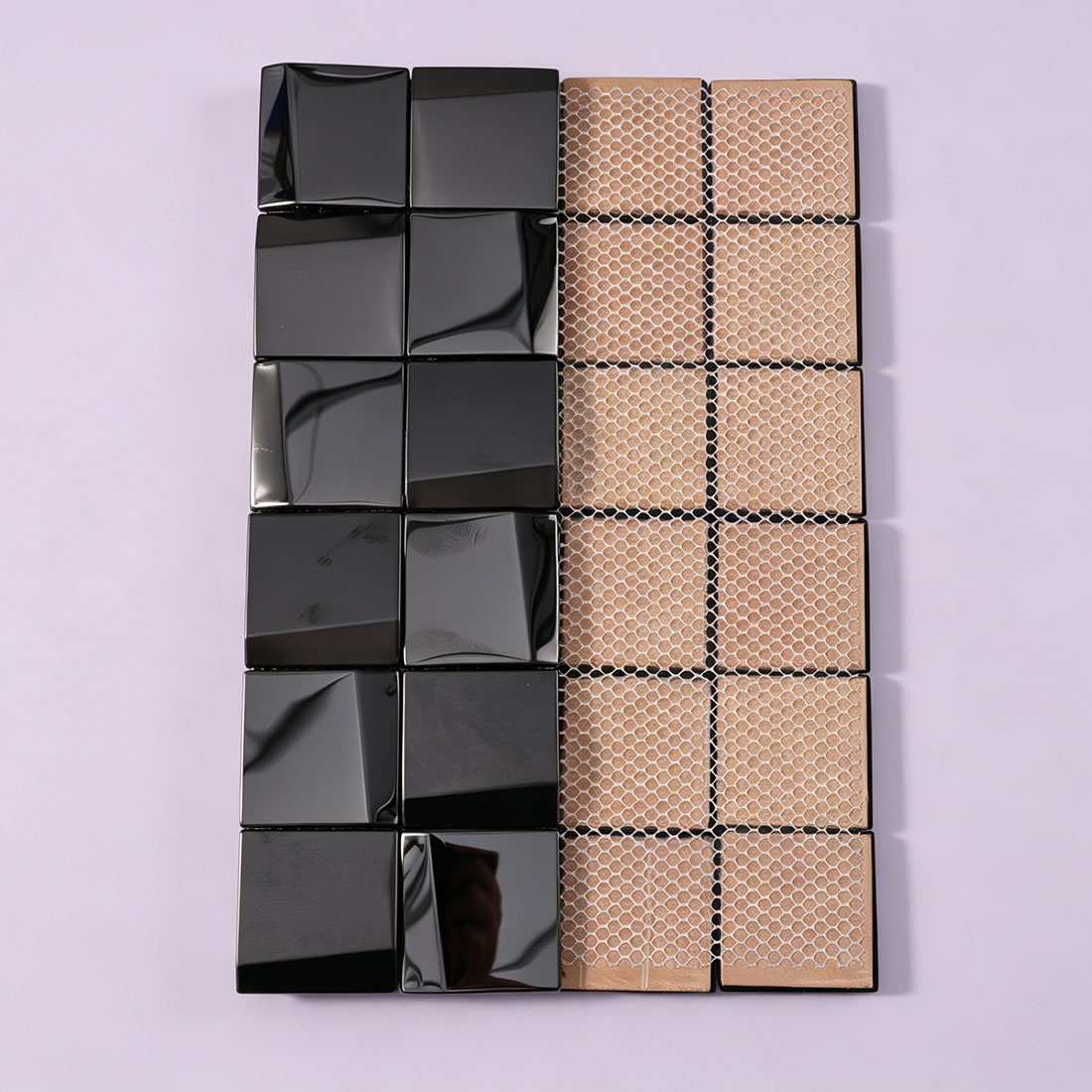 Black square metal mosaic tile sheet with mesh-mounted backing