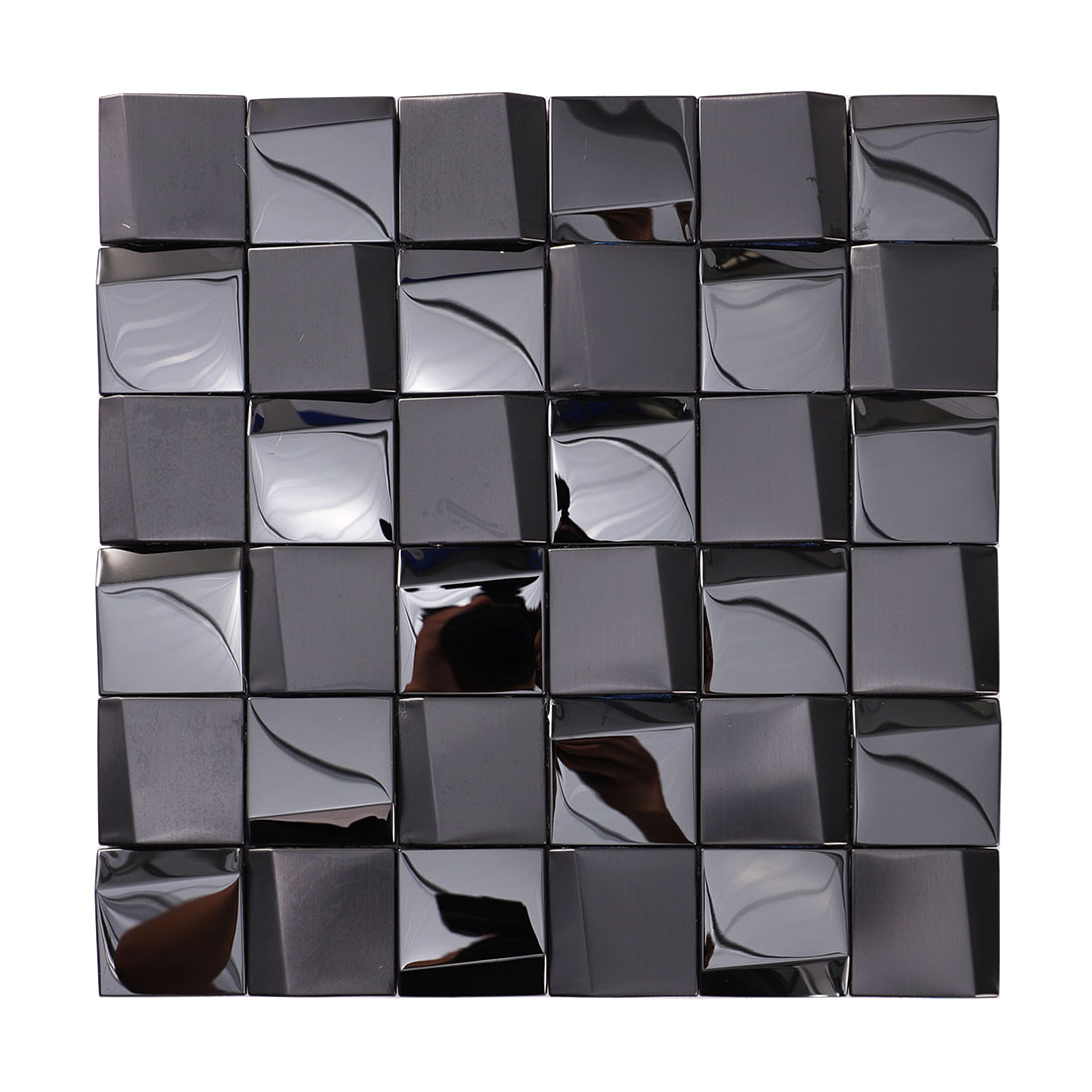 Full sheet of black square metal mosaic tiles with mixed surface finishes