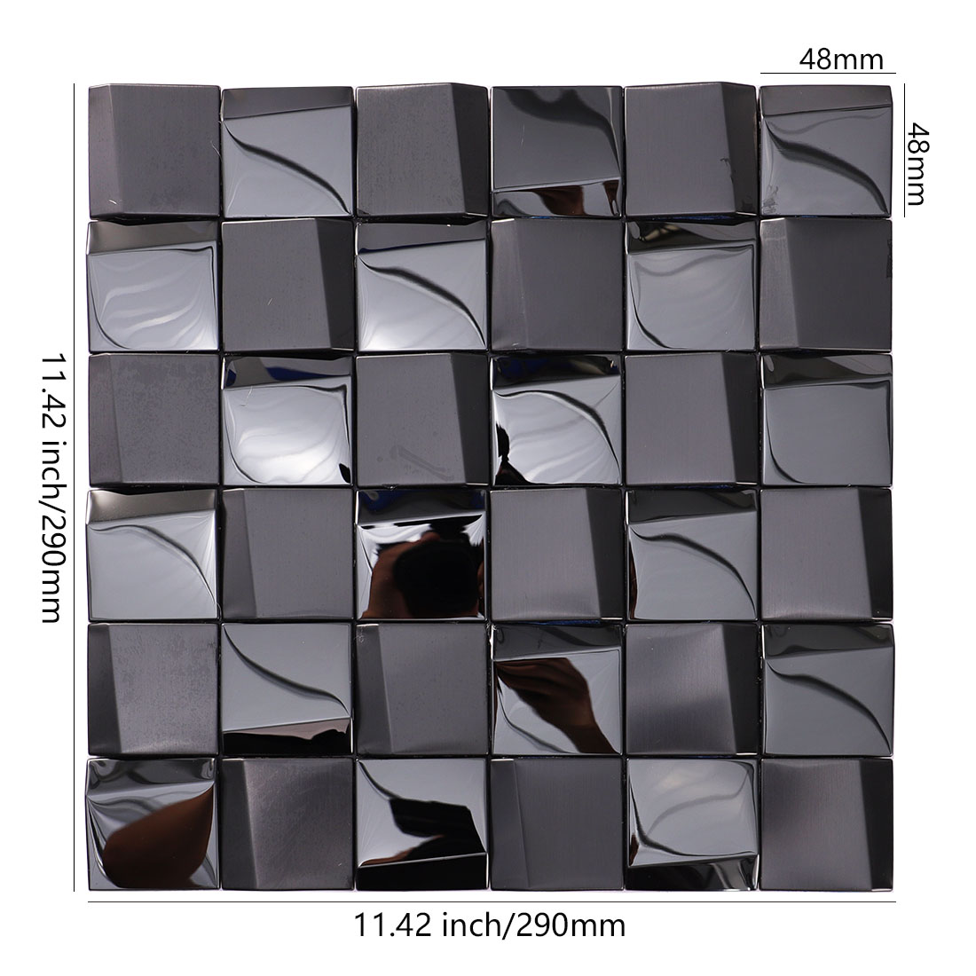 Black square metal mosaic tile sheet with brushed and glossy finishes