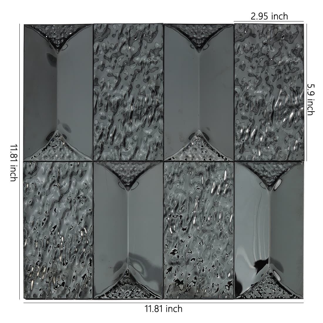 Black stainless steel mosaic tile sheet with 11.81 inch dimensions.