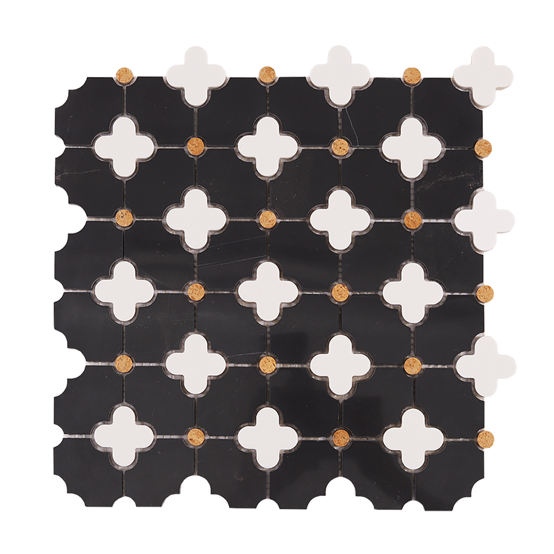 Front view of black marble mosaic with white clover shapes and gold dot accents