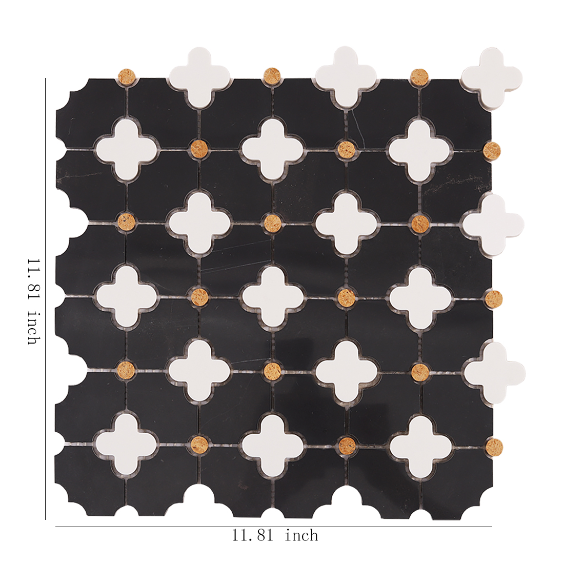 Black marble mosaic sheet with white clover insets and 11.81 inch size label
