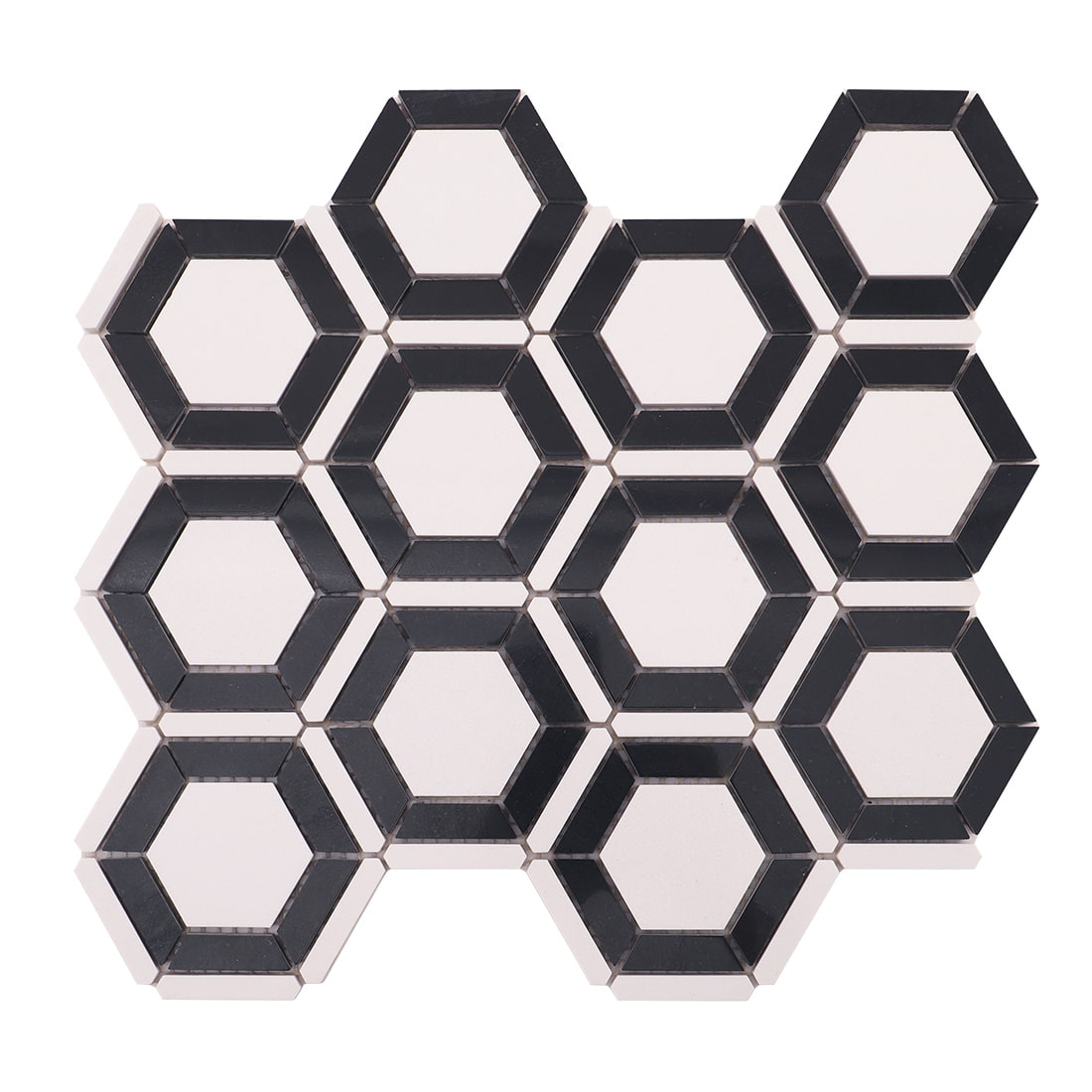 Front view of black and white hexagon frame mosaic tile sheet