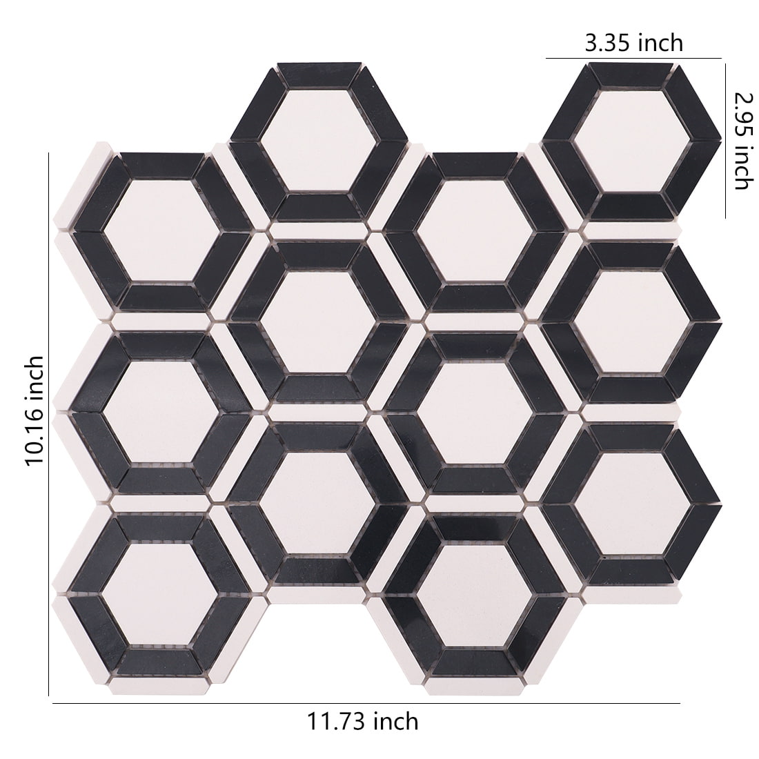 Black and white hexagon frame mosaic tile sheet with size labels