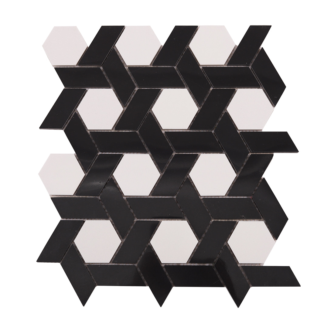 Front view of black and white hexagon weave mosaic tile sheet