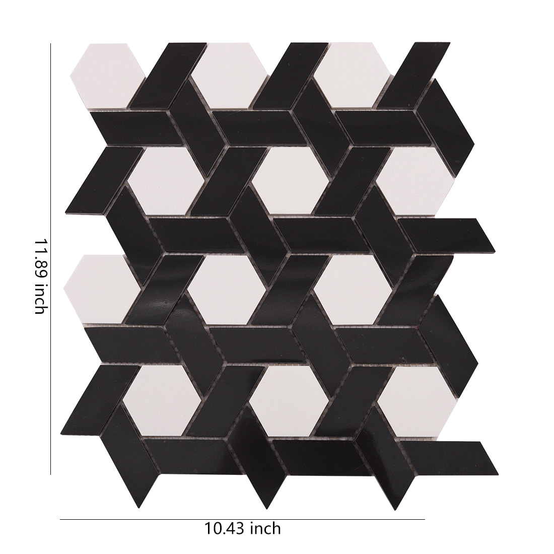Black and white hexagon weave mosaic tile sheet with dimensions