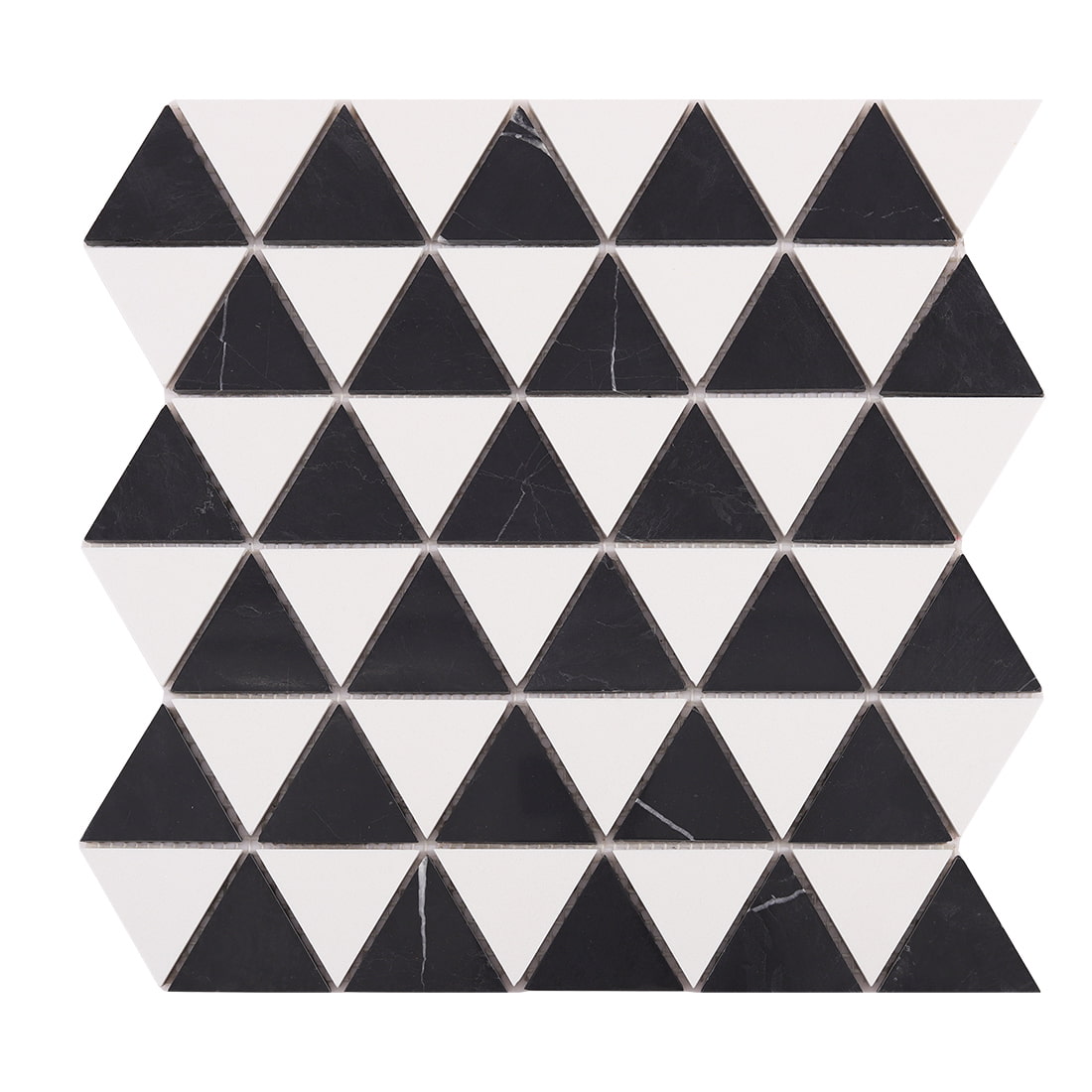 Black and white triangle marble mosaic tile sheet on white background