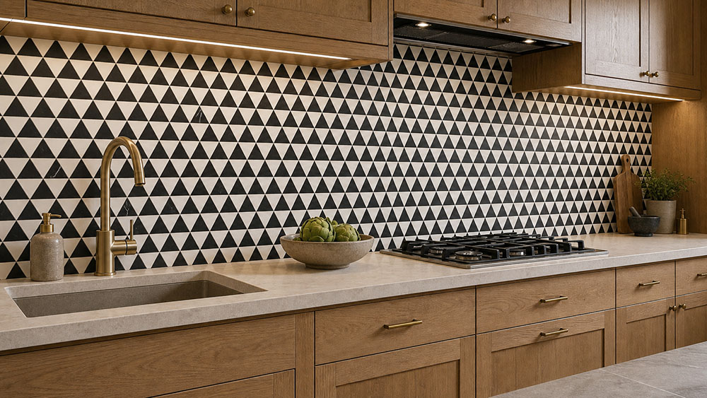 Black and white triangle marble tile backsplash with warm wood kitchen cabinets