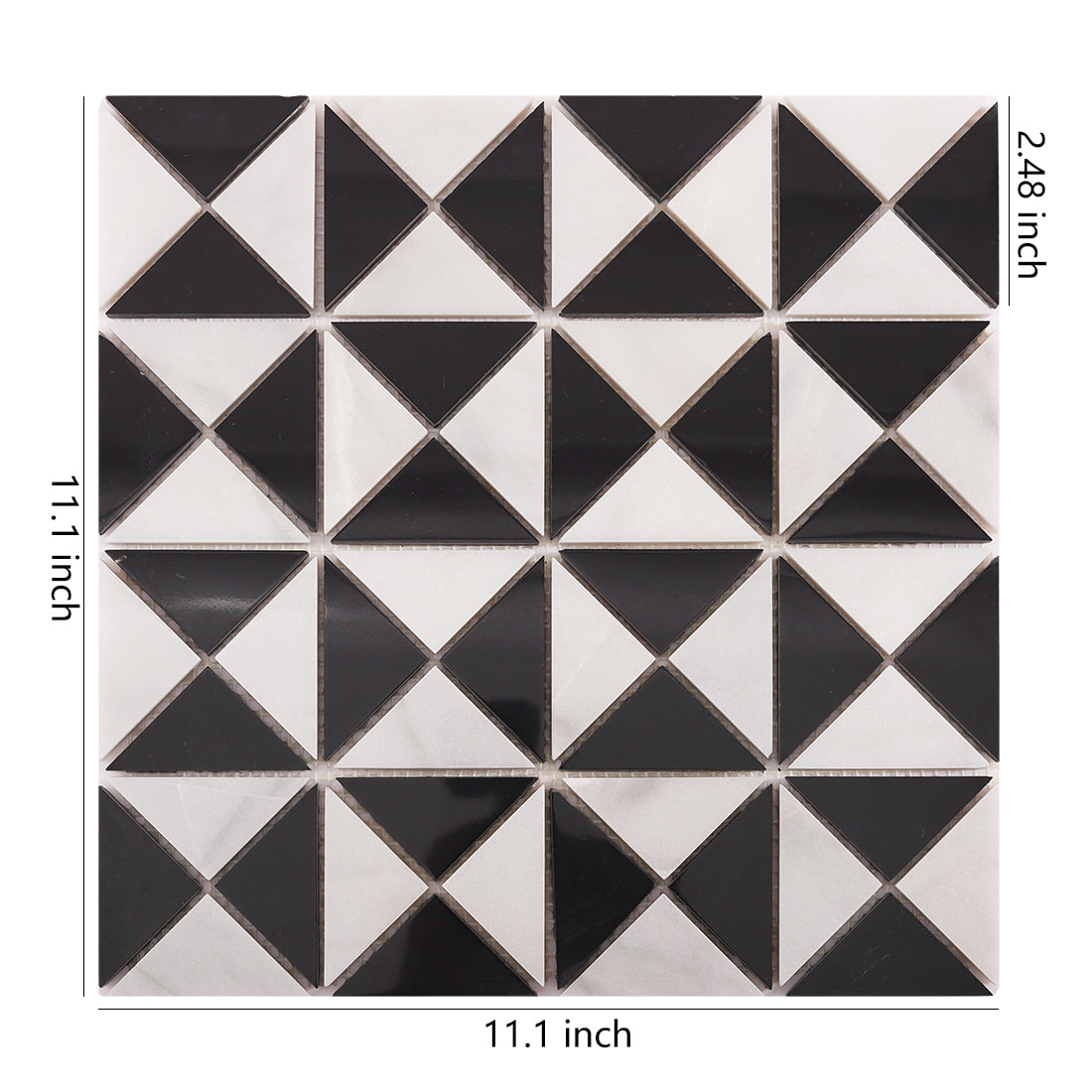 Black and white triangle mosaic sheet with 11.1 inch size and 2.48 inch detail