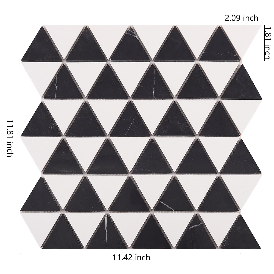 Black and white triangle marble mosaic sheet showing overall size measurements