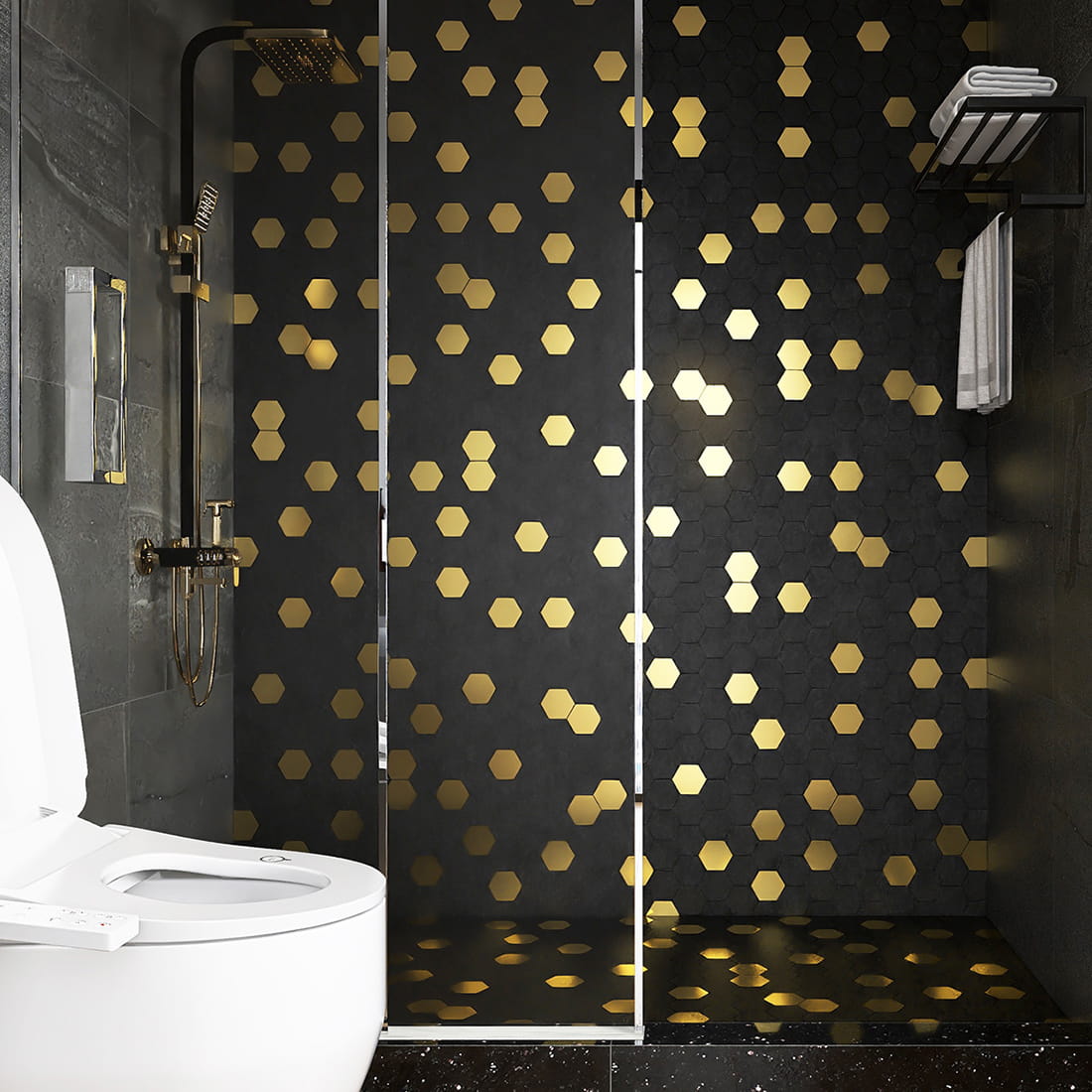 Full view of a luxury shower room with black and gold hexagonal mosaic tile walls.
