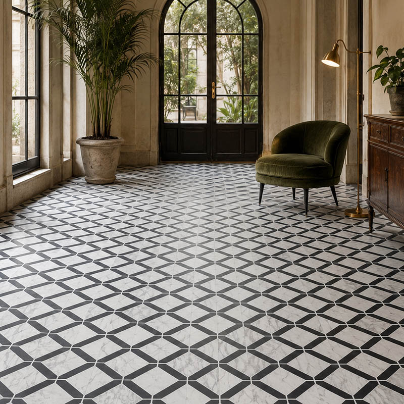 Black and white retro floor tiles in a classic entryway with an olive green lounge chair
