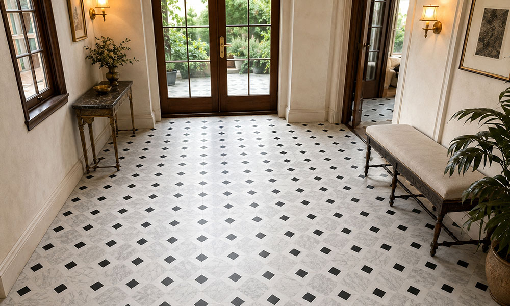 Black and white retro tiles on a marble entryway floor with classic wood doors