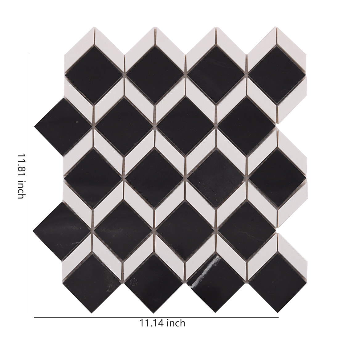 Black and white geometric marble mosaic tile sheet showing overall pattern and dimensions