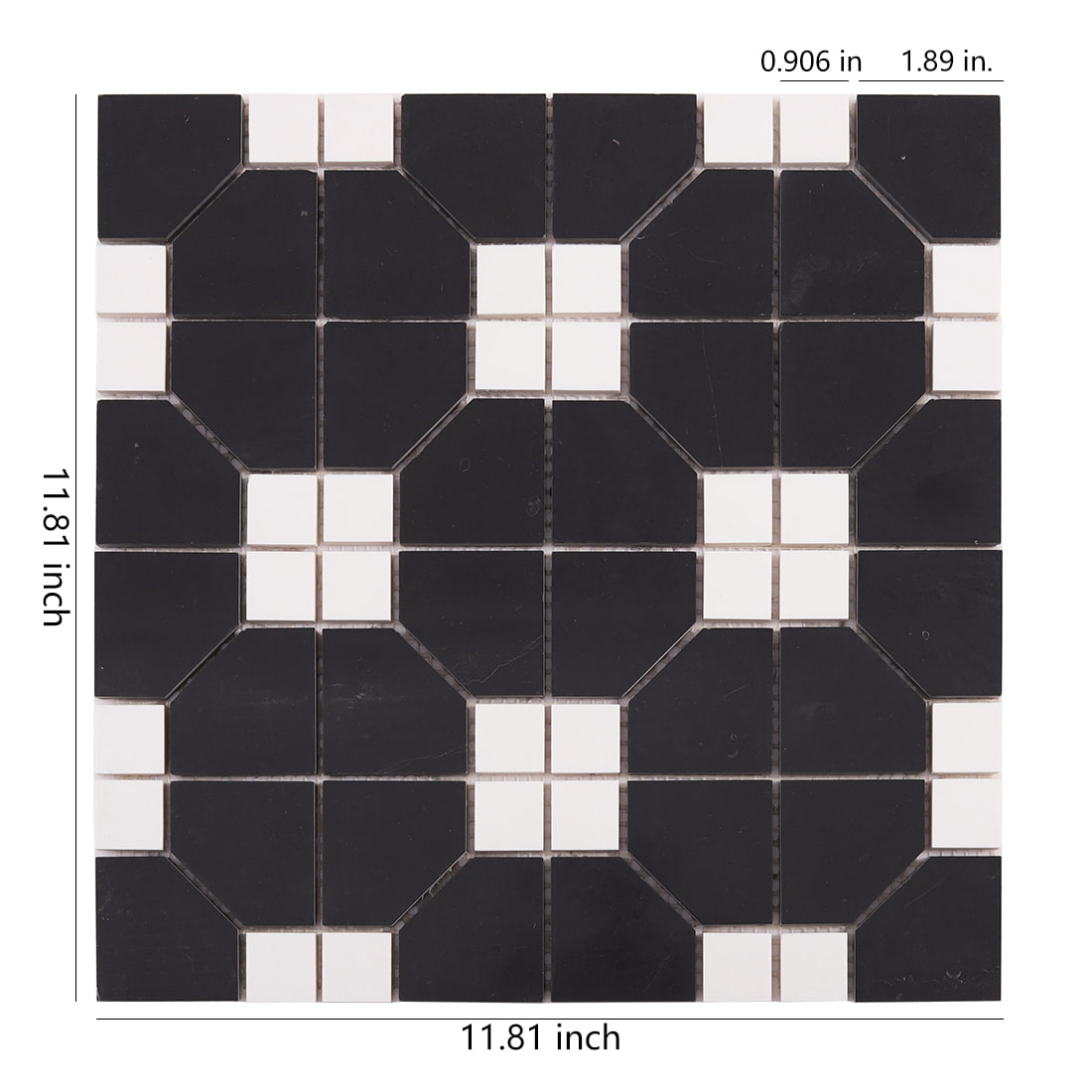 Black and white geometric marble mosaic tile sheet with square accents