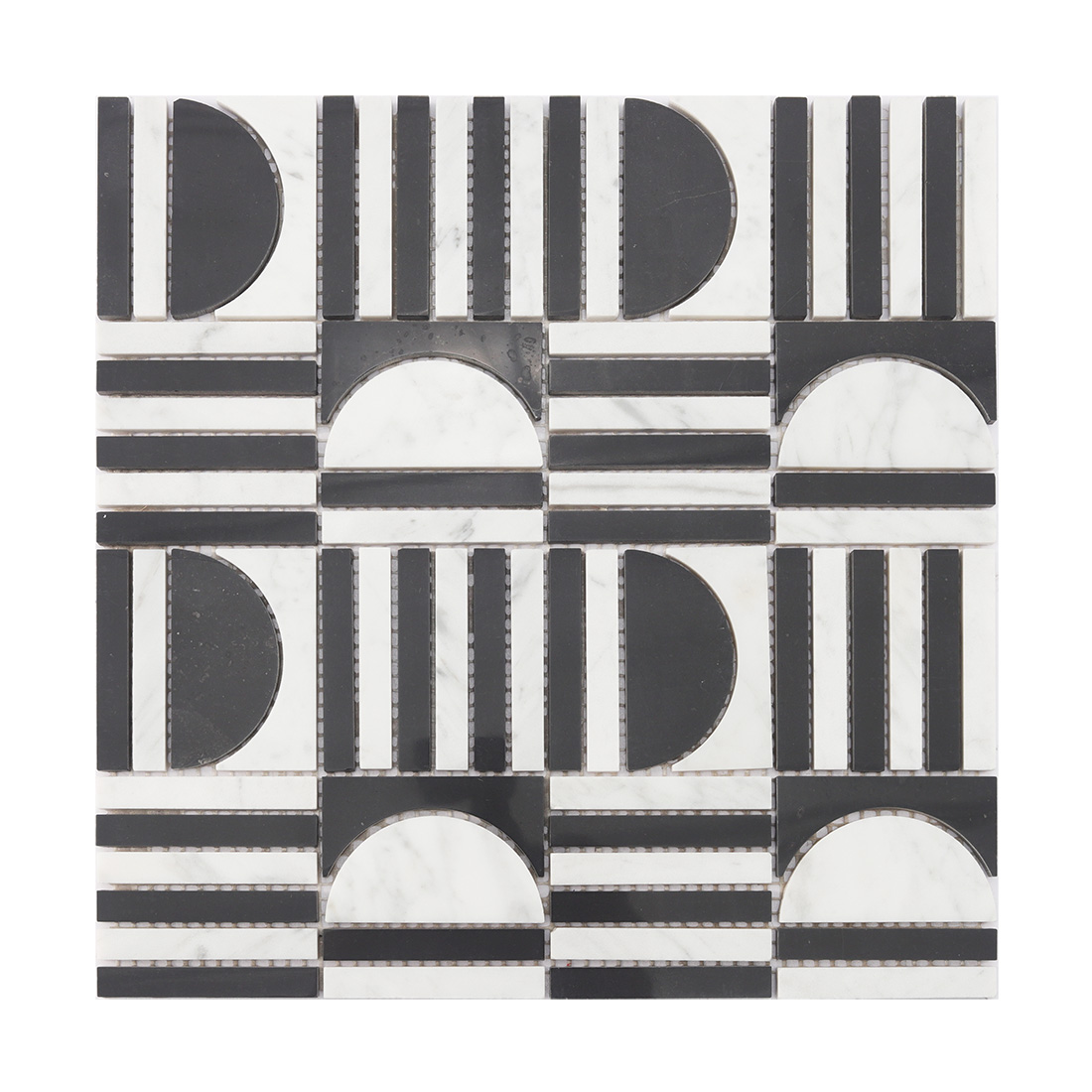Front view of a black and white marble geometric mosaic tile.