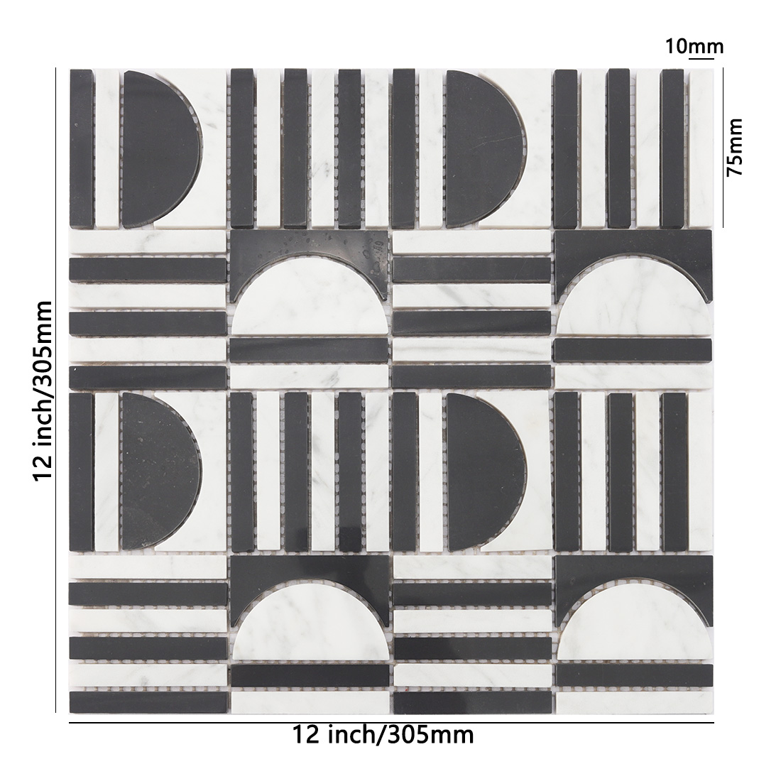 Black and white marble geometric mosaic tile with dimensions.