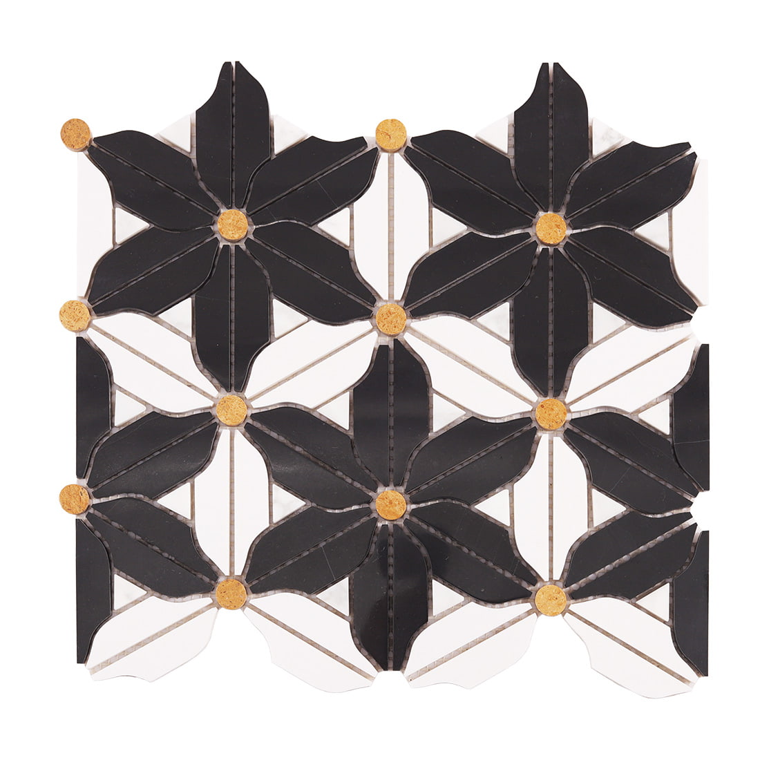 Front view of black and white pinwheel floral mosaic with gold round dot accents