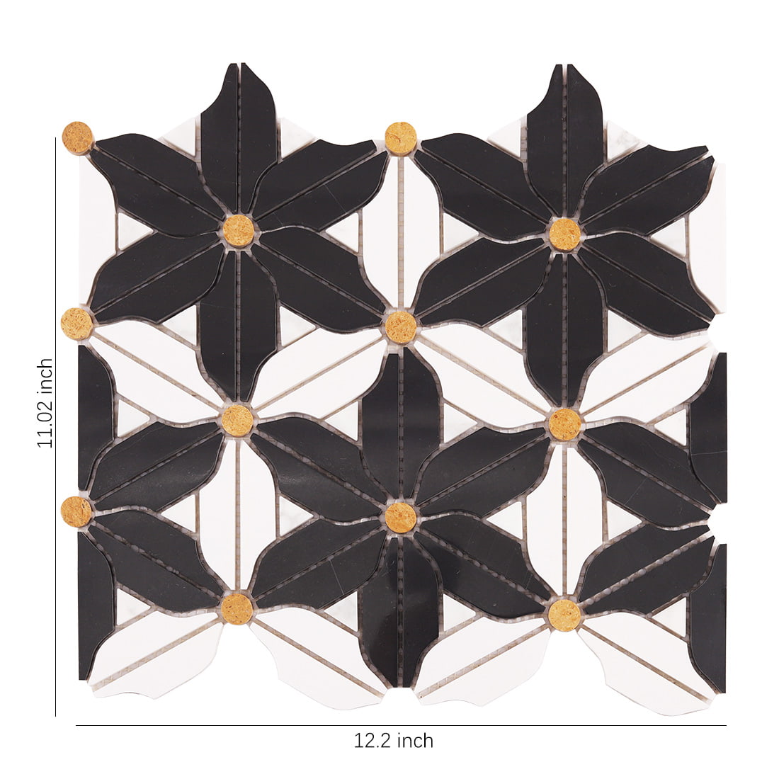 Black and white pinwheel floral mosaic tile sheet with size measurements on white background