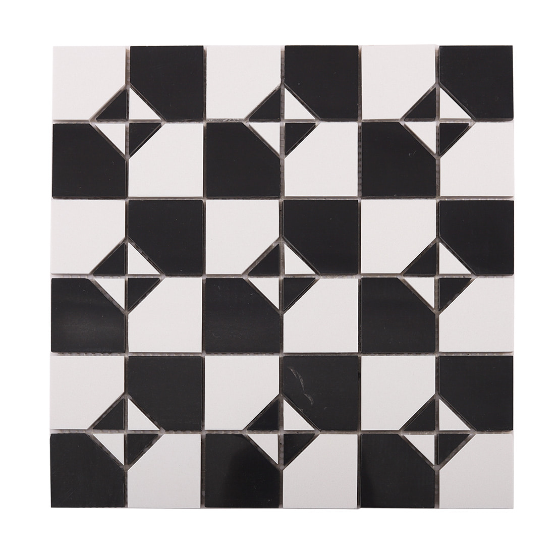 Front view of black and white square marble mosaic tile sheet on white background