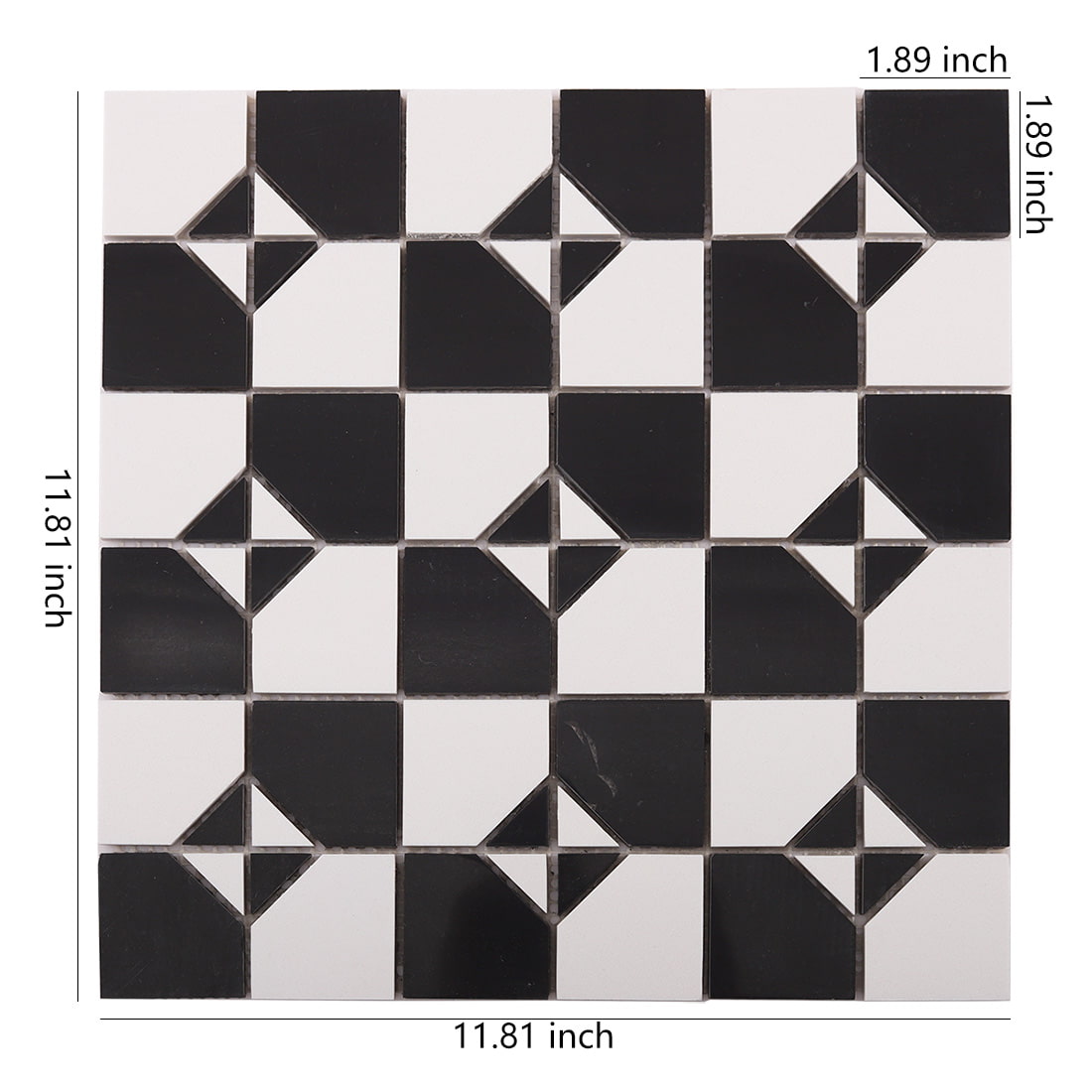 Black and white square marble mosaic tile sheet with size measurements