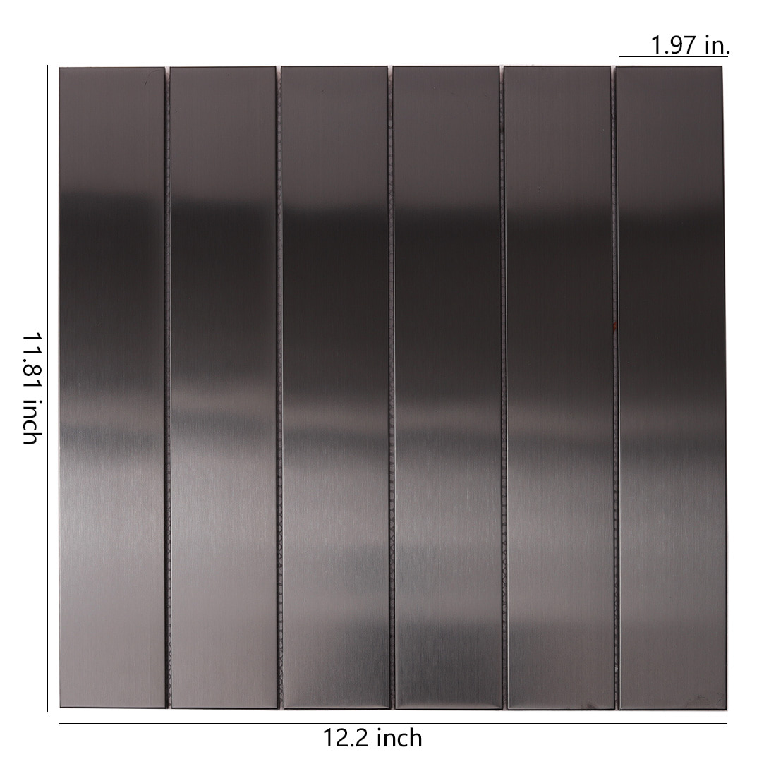 Front view of black brushed stainless steel tile with dimensions.