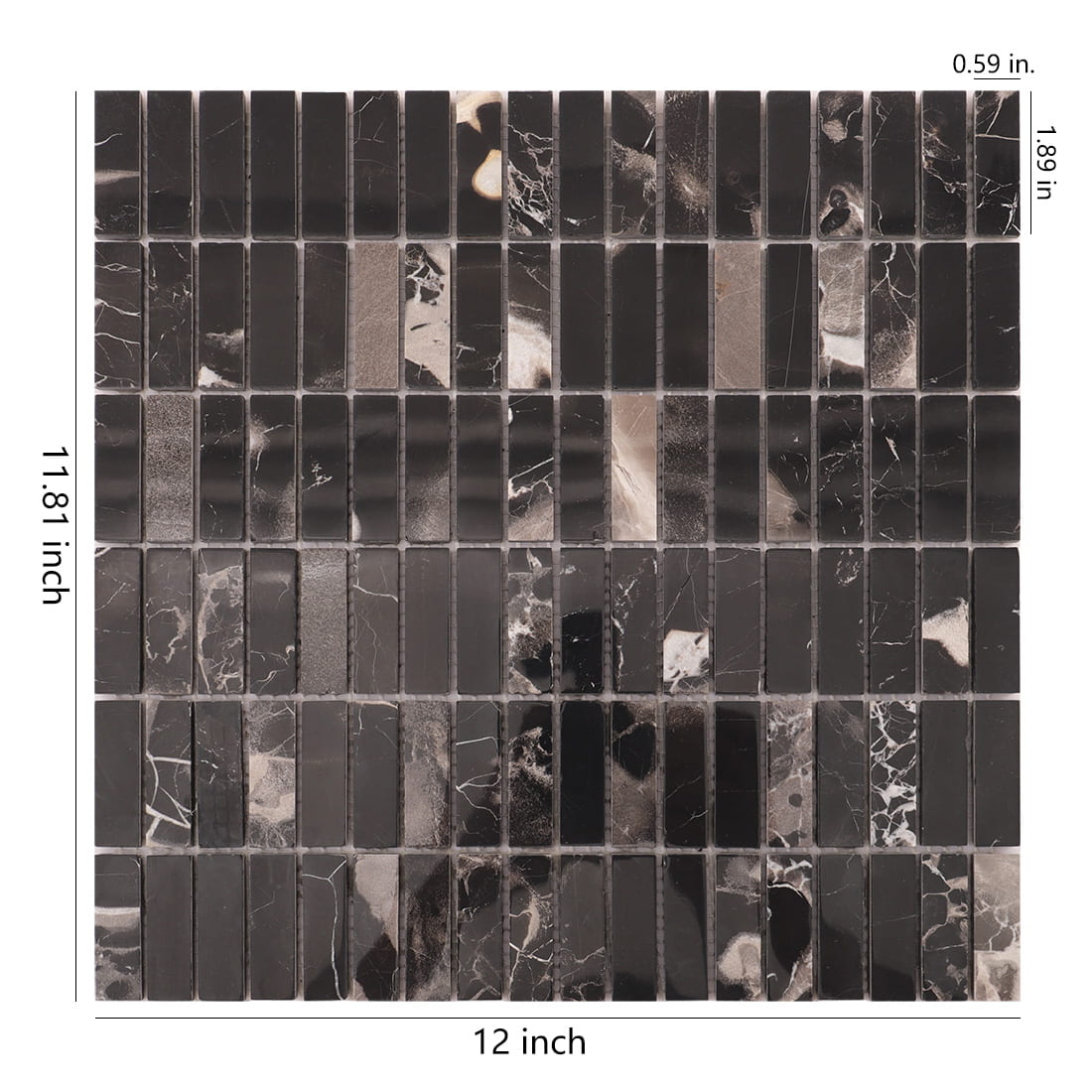 Black marble strip mosaic sheet with dimensions 12 x 11.81 in
