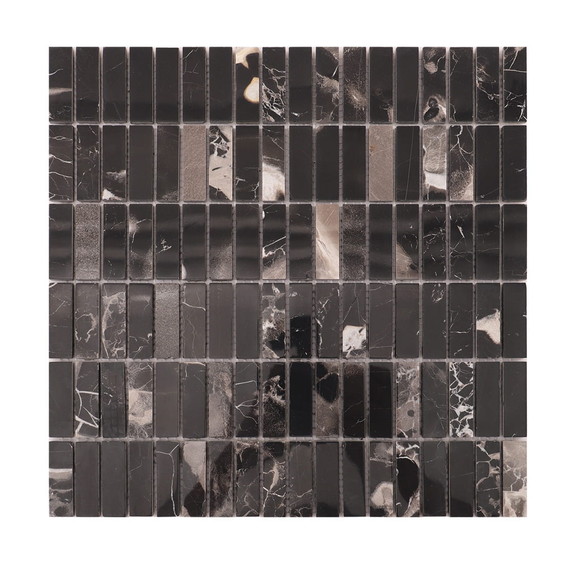Front view of black marble strip mosaic tile sheet with mixed veining