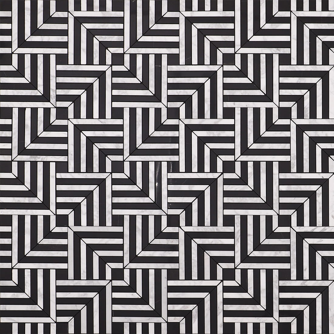 Full installed view of repeating geometric chevron mosaic pattern