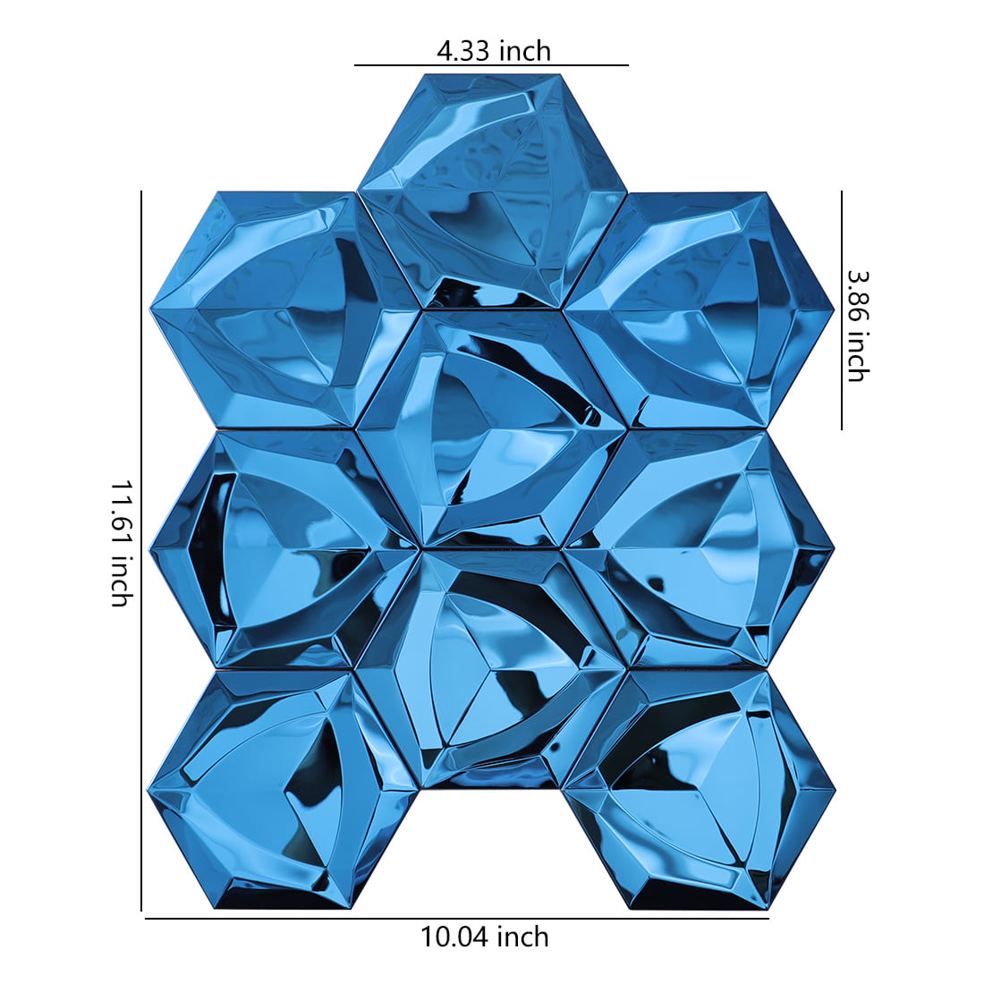 Blue 3D hexagon mosaic tile sheet with height and width dimensions shown.