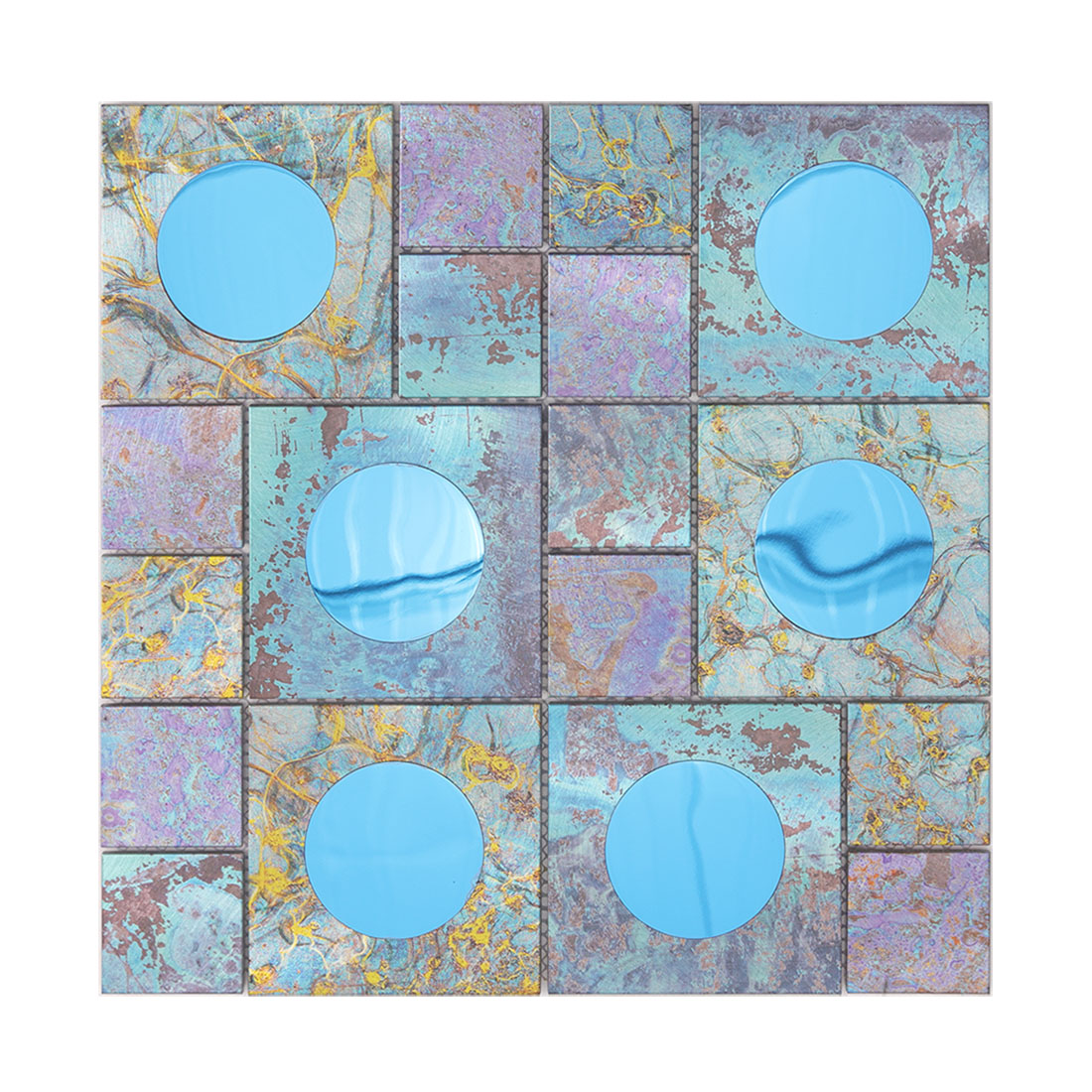 Blue aluminum mosaic tile with round reflective glass inserts and gold veining